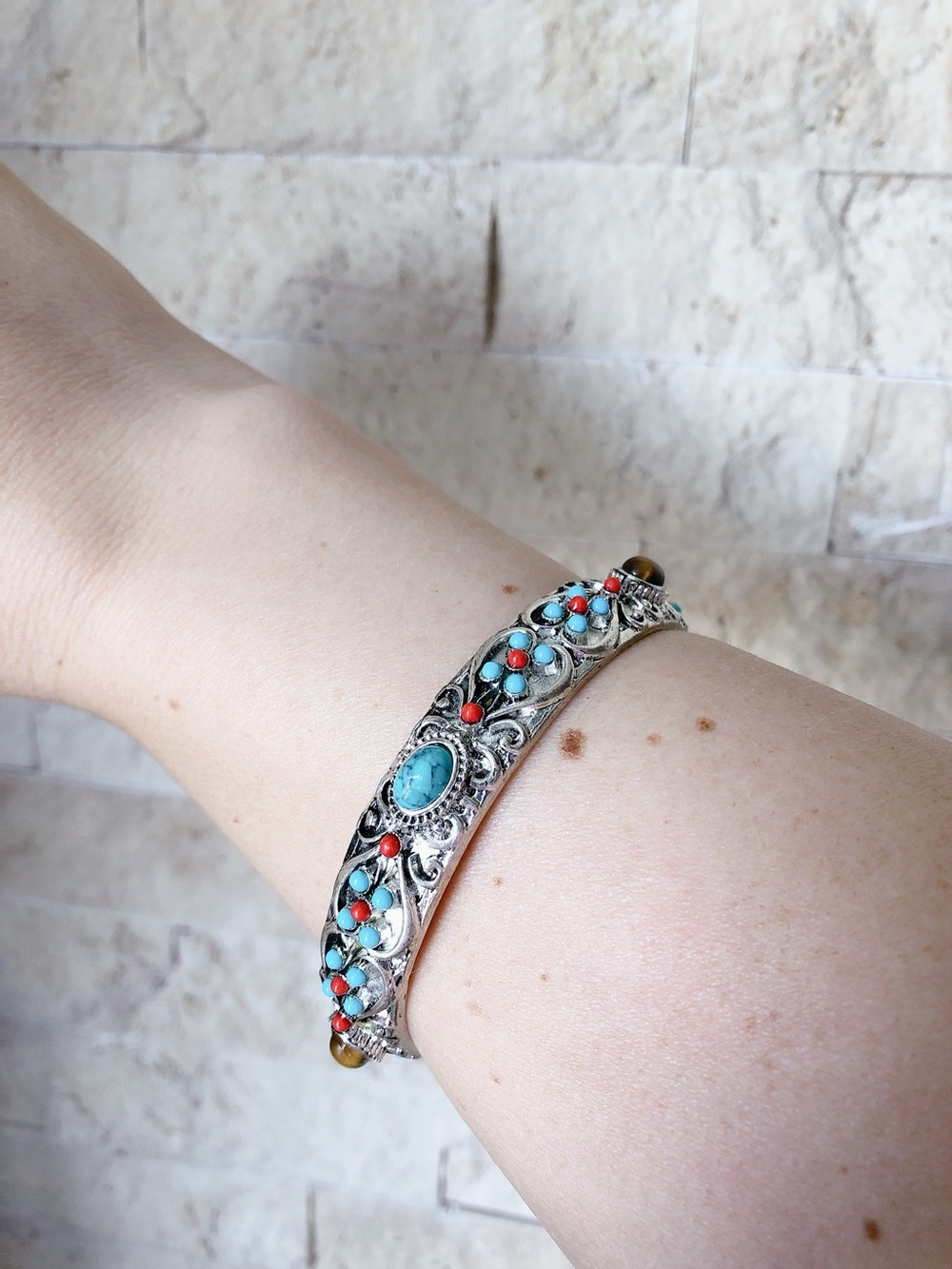 Boho Bangle Silver tone Turquoise & Red  Women's Cuff Bracelet jewelry